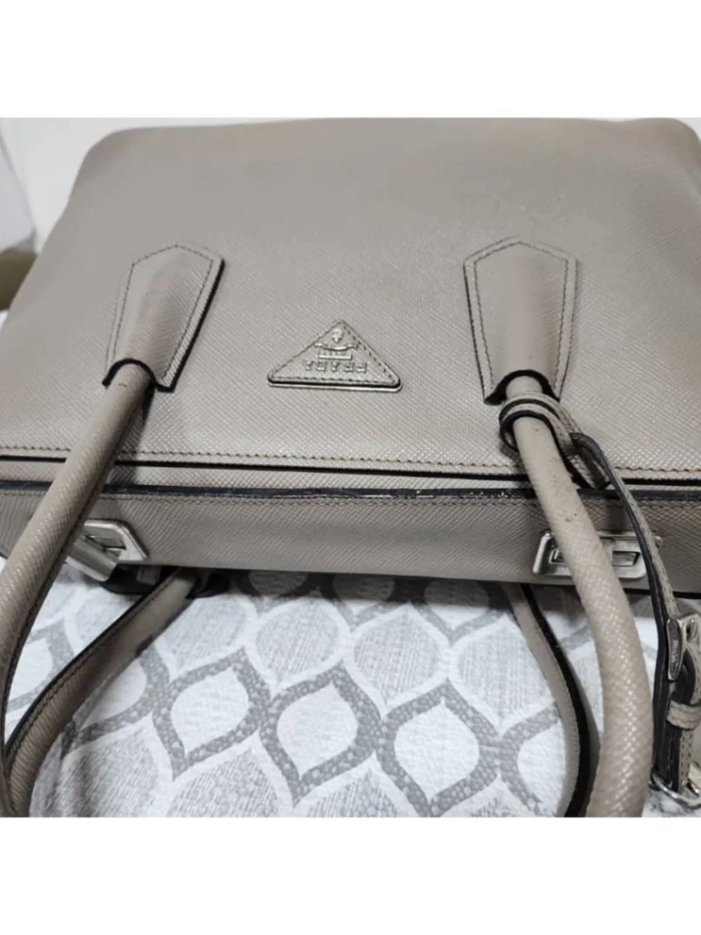 Authentic Prada Grey Saffiano Cuir Leather Twin Tote Bag